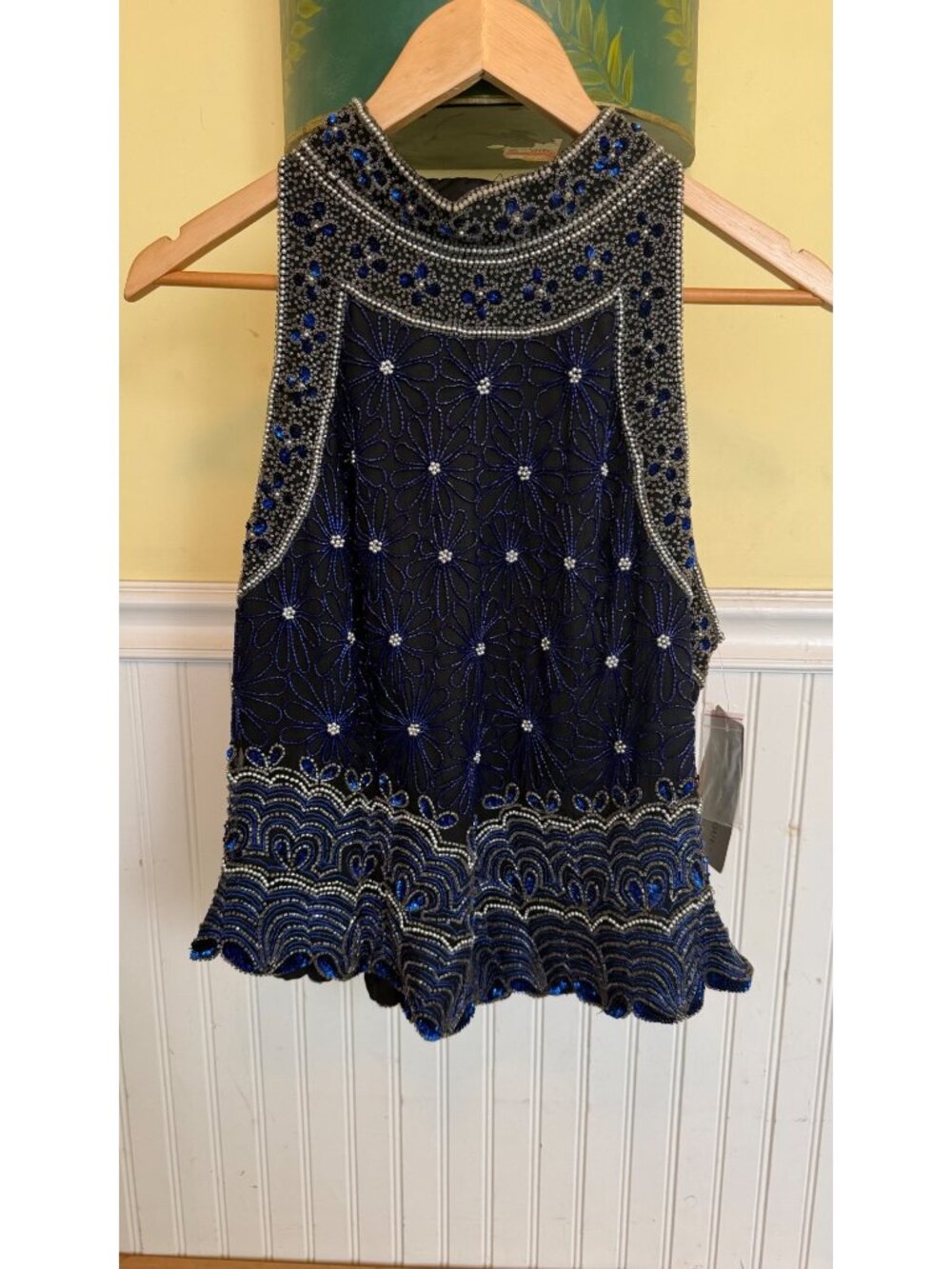 Adrianna Papell Boutique Evening Black & Blue Beaded Silk Sleeveless Top XL